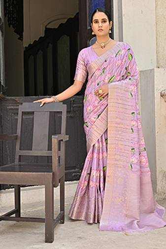 Purple zari woven border with all over pichwai printed saree