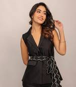 Black solid top with waist tie up belt