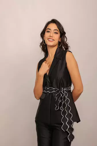 Black solid top with waist tie up belt