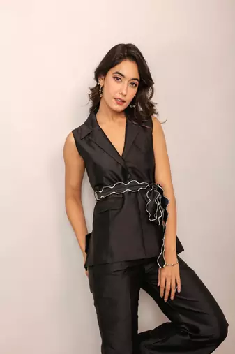 Black solid top with waist tie up belt