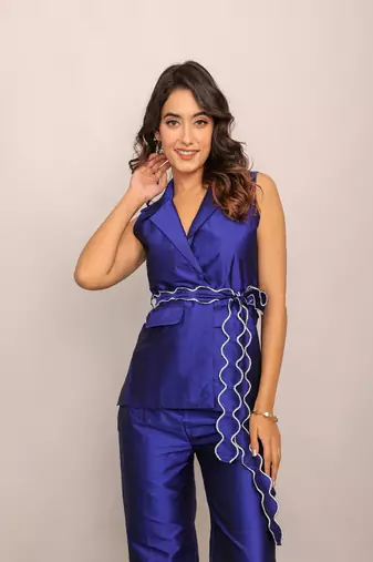 Blue solid top with waist tie up belt