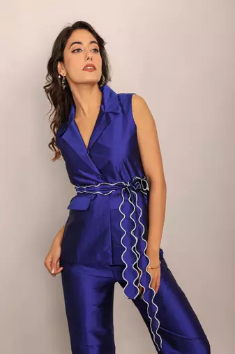 Blue solid top with waist tie up belt