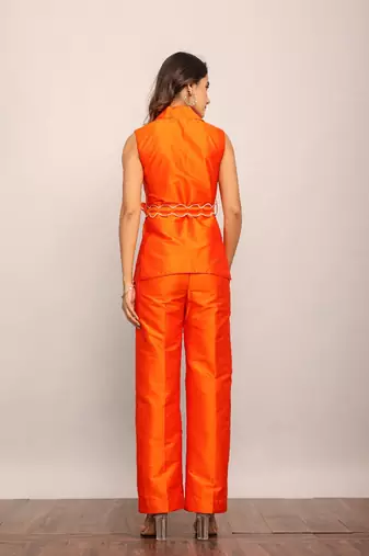 Orange solid co-ord set with waist tie up belt