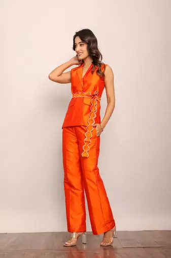 Orange solid co-ord set with waist tie up belt