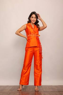 Orange solid co-ord set with waist tie up belt 6