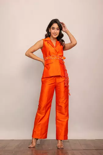 Orange solid co-ord set with waist tie up belt