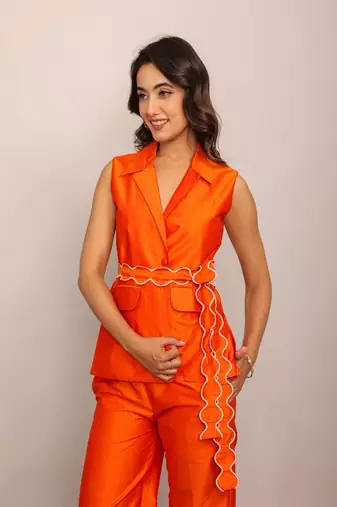 Orange solid top with waist tie up belt