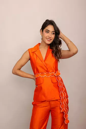 Orange solid top with waist tie up belt