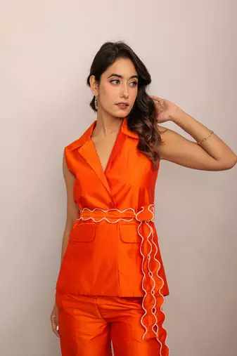 Orange solid top with waist tie up belt