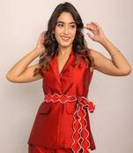 Marron red solid top with waist tie up belt