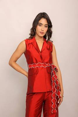 Marron red solid top with waist tie up belt 3