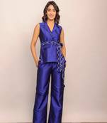 Blue solid co-ord set with waist tie up belt