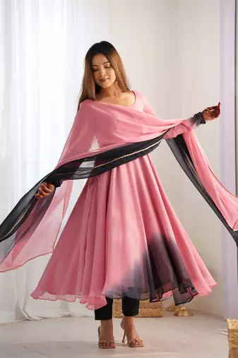 Onion pink Georgette Fully Flair Anarkali Kurti With Dupatta