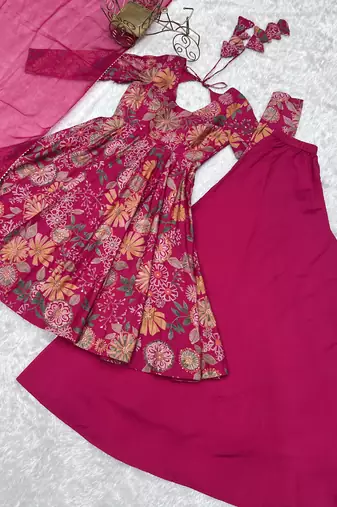 Roman silk Printed Fully Flair Kurta With Dupatta & Palazzo