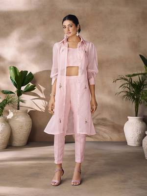 Elegant pink organza co-ord set with embroidered long jacket 1