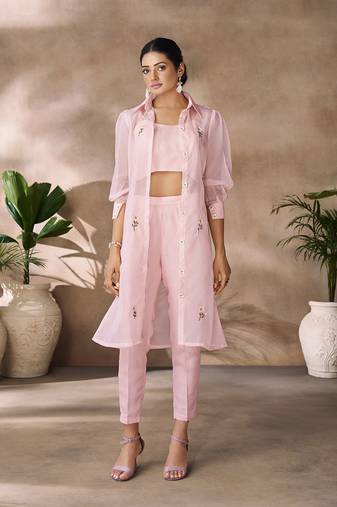 Elegant pink organza co-ord set with embroidered long jacket