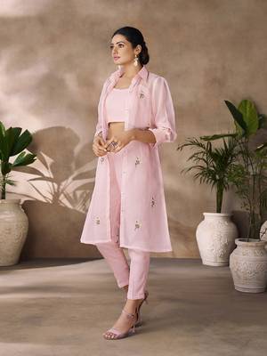 Elegant pink organza co-ord set with embroidered long jacket 2