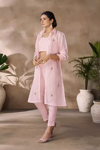 Elegant pink organza co-ord set with embroidered long jacket