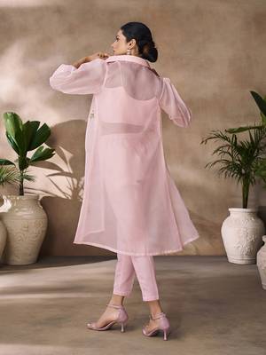 Elegant pink organza co-ord set with embroidered long jacket 3