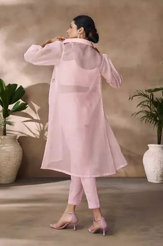Elegant pink organza co-ord set with embroidered long jacket