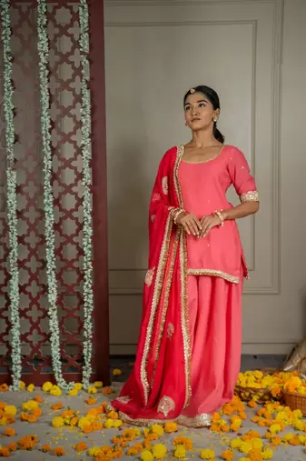 Gulabo sharara set with embroidered dupatta (set of 3)