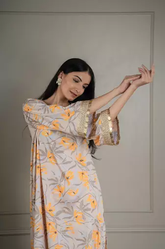 Beige printed co-ord set with coin detailing (set of 2)