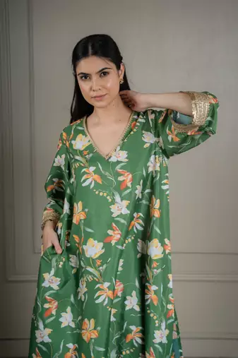 Green printed co-ord set with coin detailing (set of 2)