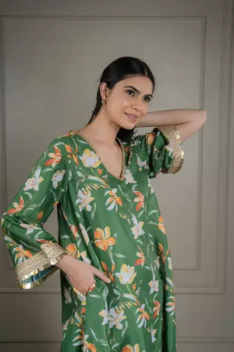 Green printed co-ord set with coin detailing (set of 2)