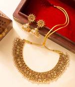 Gold high necklace set with multicolor stones and matching jhumkas