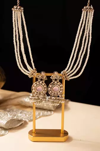 American diamond earrings with pink accent and pearl ear chain