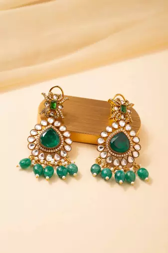 Kundan pendant necklace set with green beads