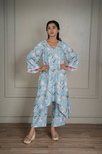 Pastel blue printed co-ord set with sequin detailing (set of 2)