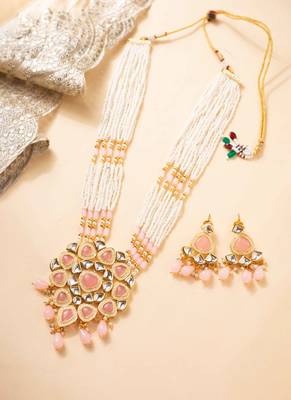 Pink kundan pearl party wear long necklace set 1