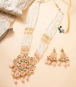 Pink kundan pearl party wear long necklace set