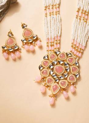 Pink kundan pearl party wear long necklace set 2