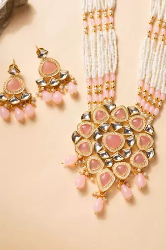 Pink kundan pearl party wear long necklace set