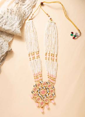 Pink kundan pearl party wear long necklace set 3