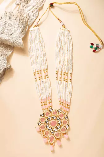 Pink kundan pearl party wear long necklace set