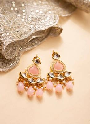 Pink kundan pearl party wear long necklace set 4
