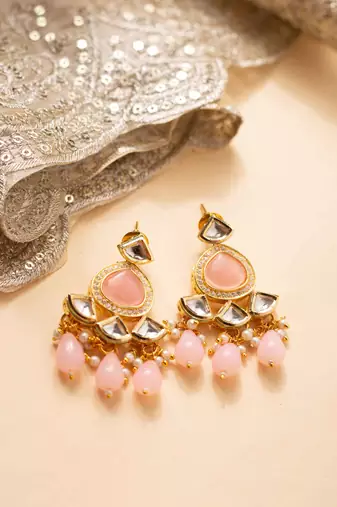 Pink kundan pearl party wear long necklace set
