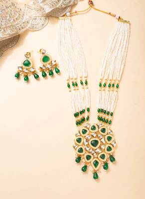 Green kundan pearl party wear long necklace set 1