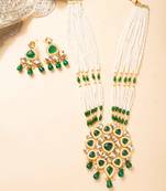 Green kundan pearl party wear long necklace set