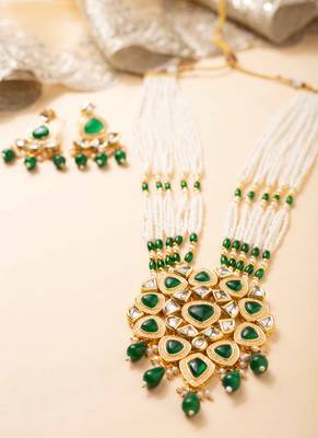 Green kundan pearl party wear long necklace set 2