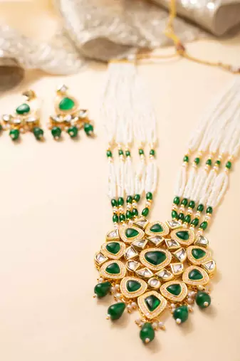 Green kundan pearl party wear long necklace set