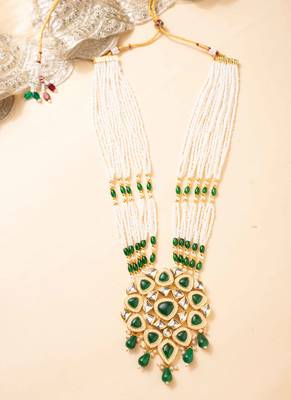 Green kundan pearl party wear long necklace set 3