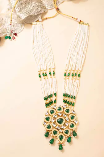 Green kundan pearl party wear long necklace set