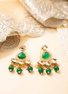 Green kundan pearl party wear long necklace set 4