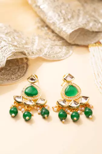 Green kundan pearl party wear long necklace set