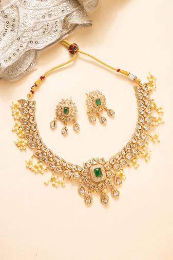 Matte gold american diamond & pearl necklace set