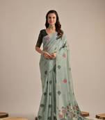 Sea green flower thread woven design saree